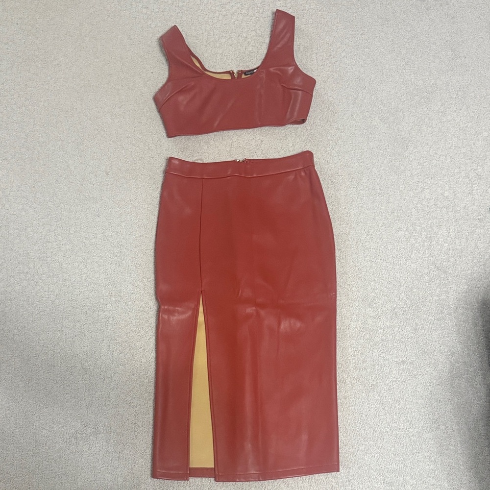 Elegant Red Faux Leather Skirt Set